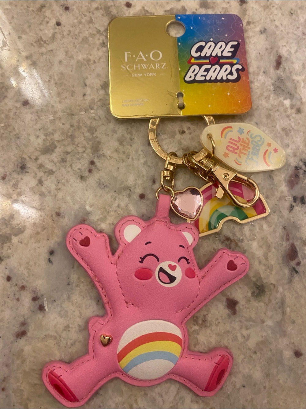 FAO Schwarz Pink Care Bears Rainbow Heart bag charm Keychain NWT